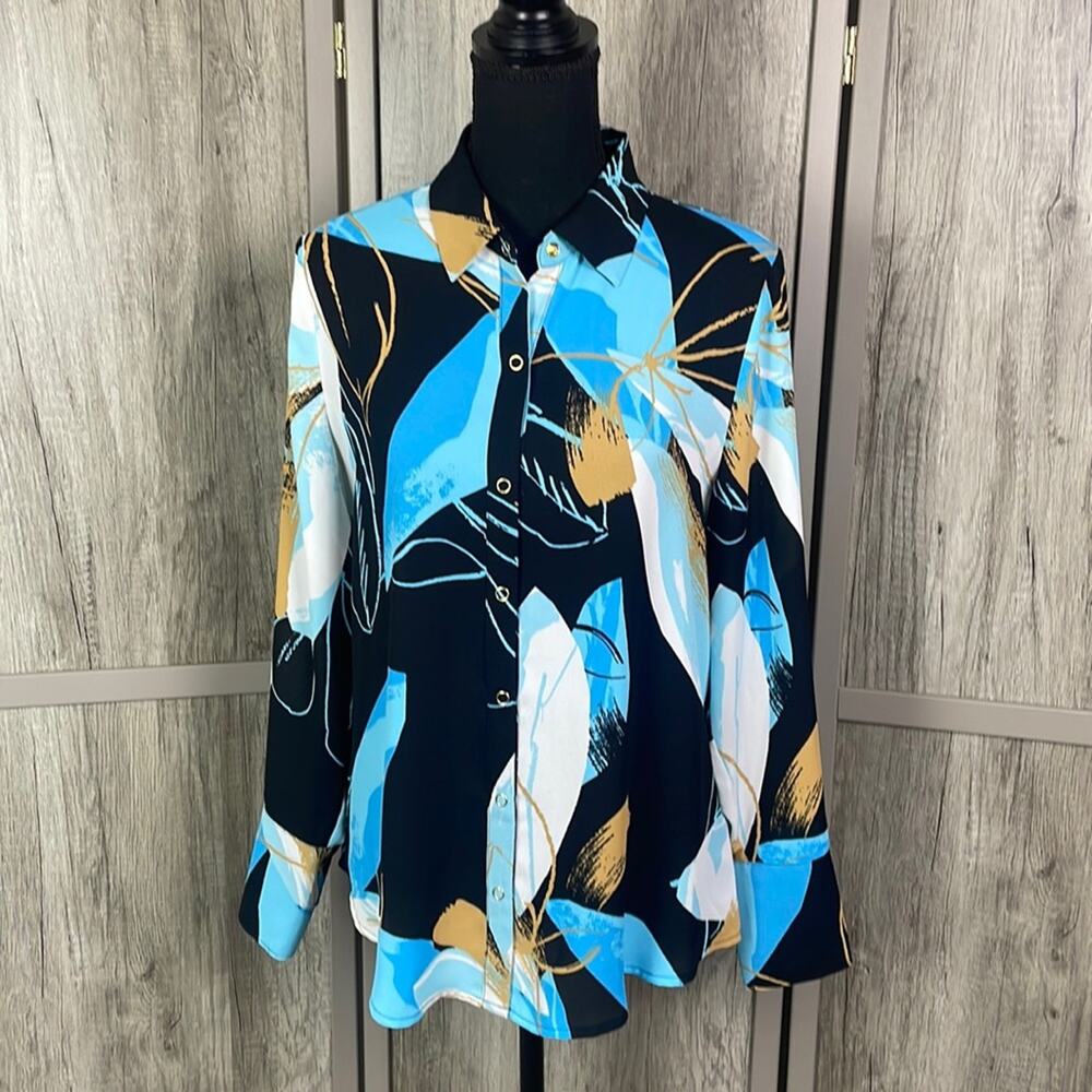 Worthington bold floral print blouse women's M